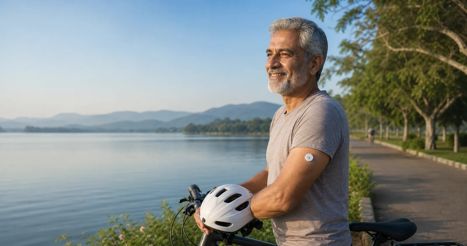 Man cycling by a lake wearing a LinX CGM sensor on his upper arm