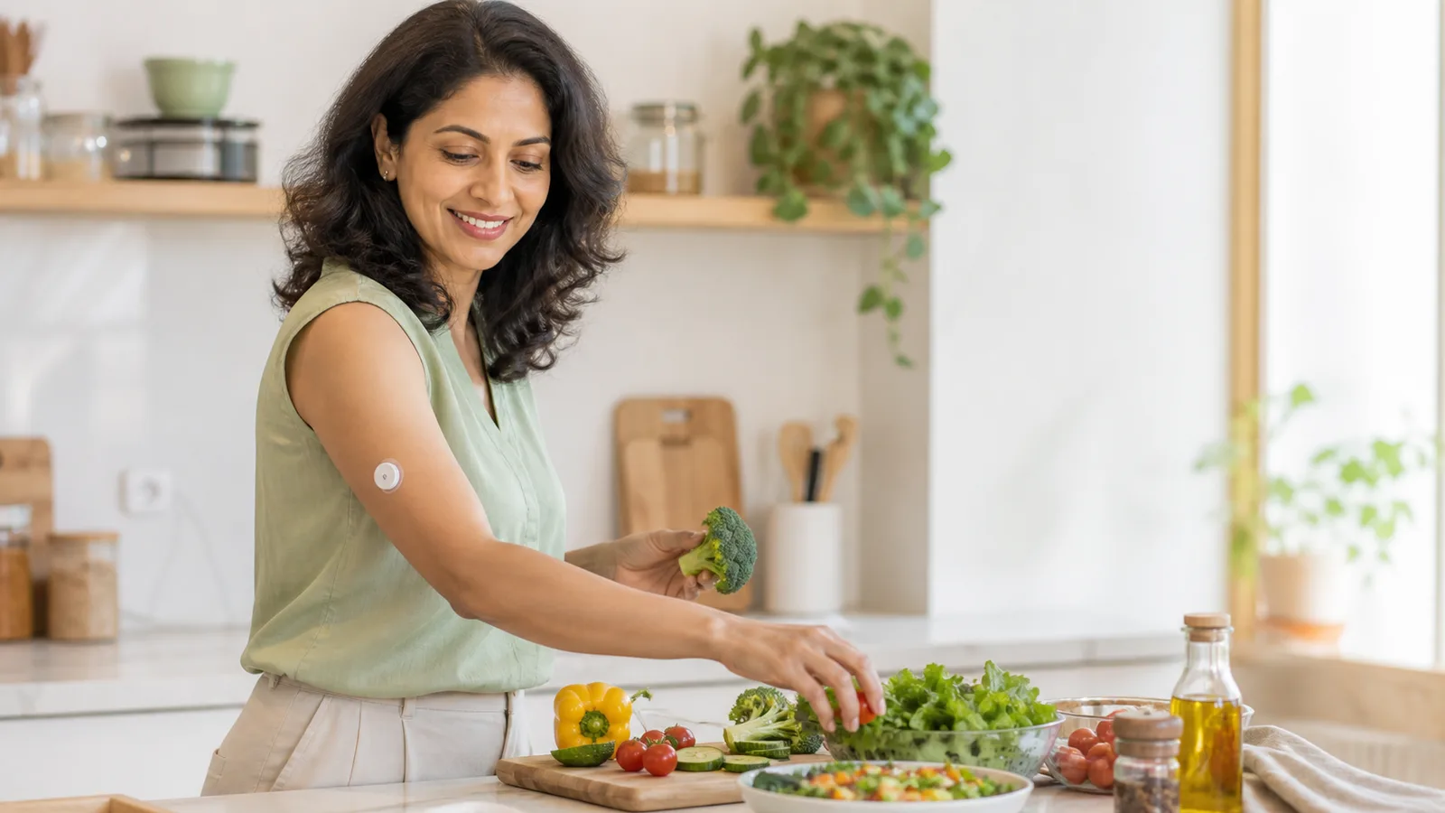 Woman wearing a LinX CGM sensor while preparing a fresh vegetable salad at home