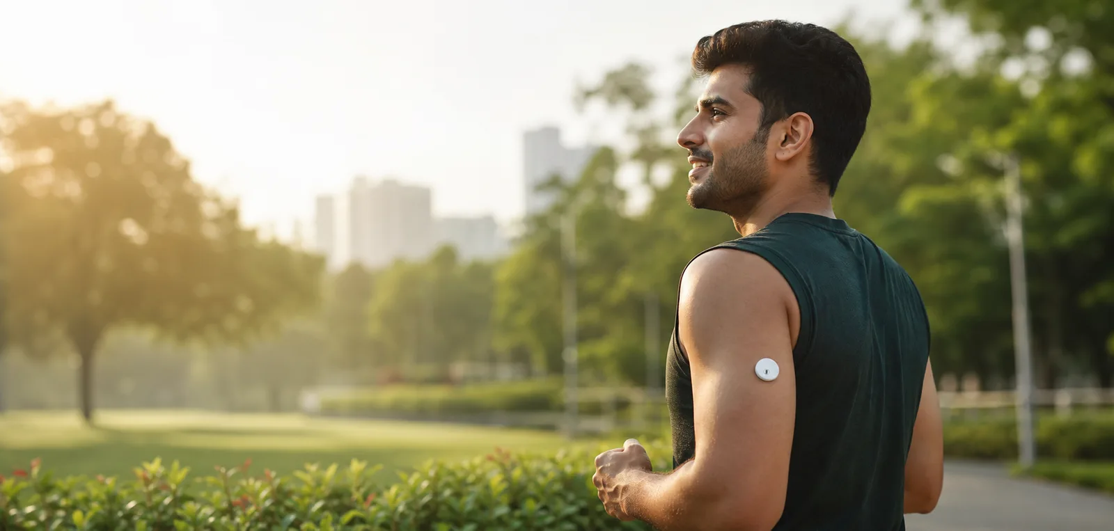Man wearing a LinX CGM sensor on his upper arm while out for a morning run